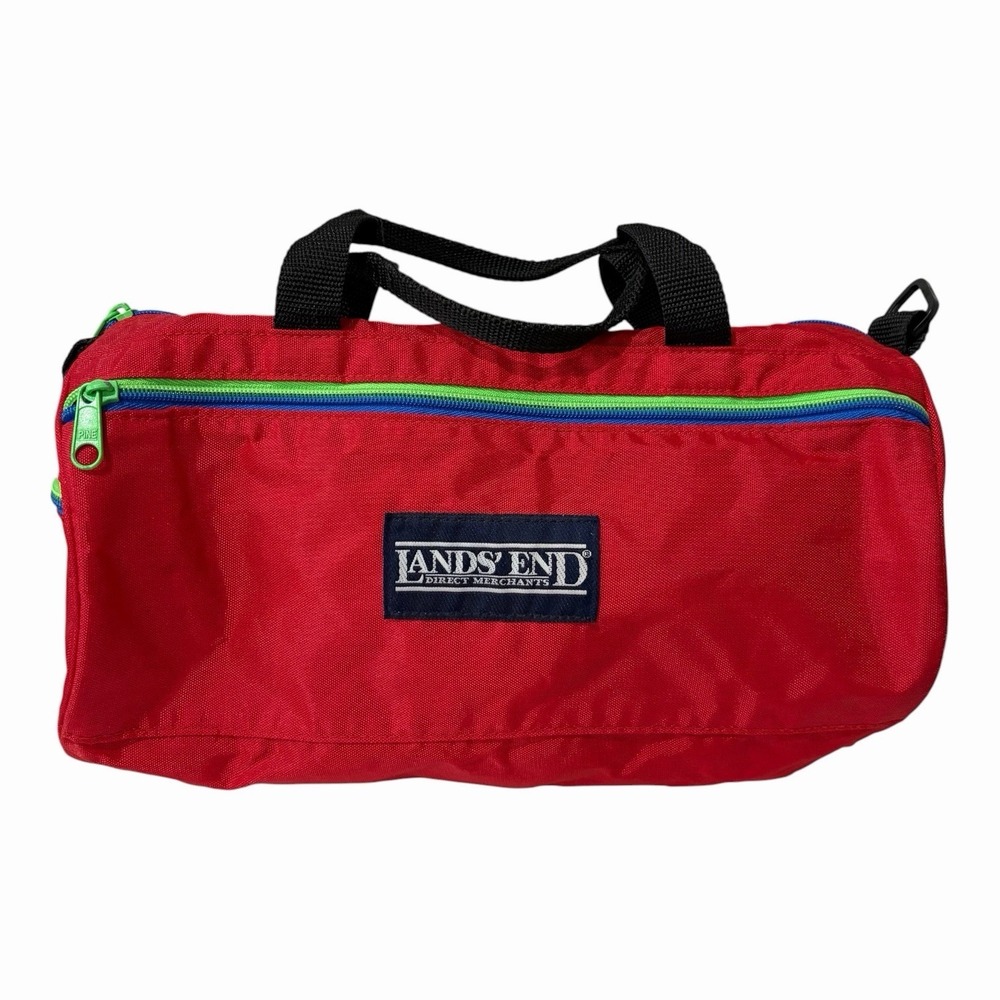 Vintage Land's End Red duffle bag small Vinyl 90s Green Blue Zipper 12" X 6" X 5